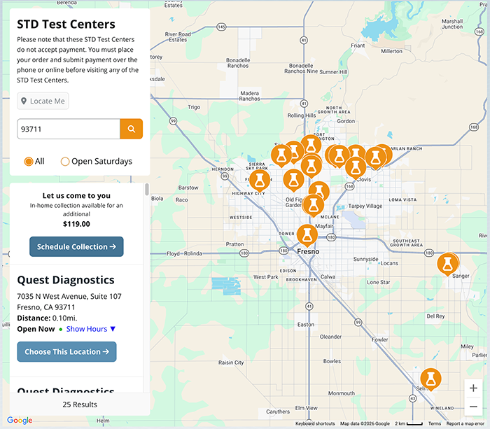 STD testing lab finder map Fresno CA 93711 - certified local testing locations Central Valley