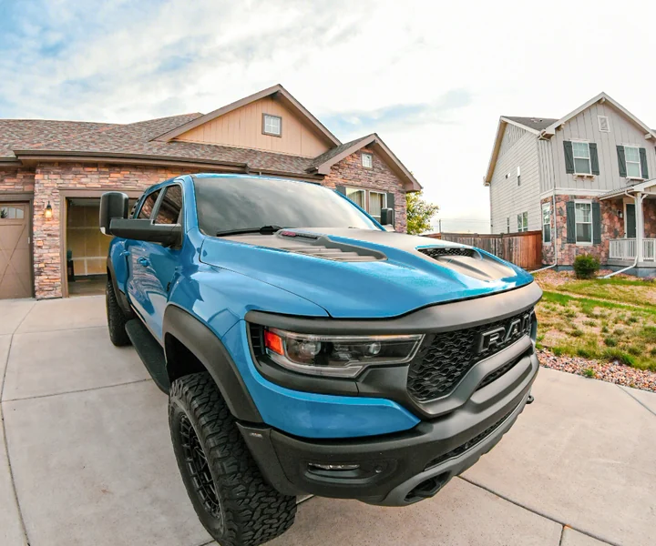 Detailed blue Ram TRX exterior