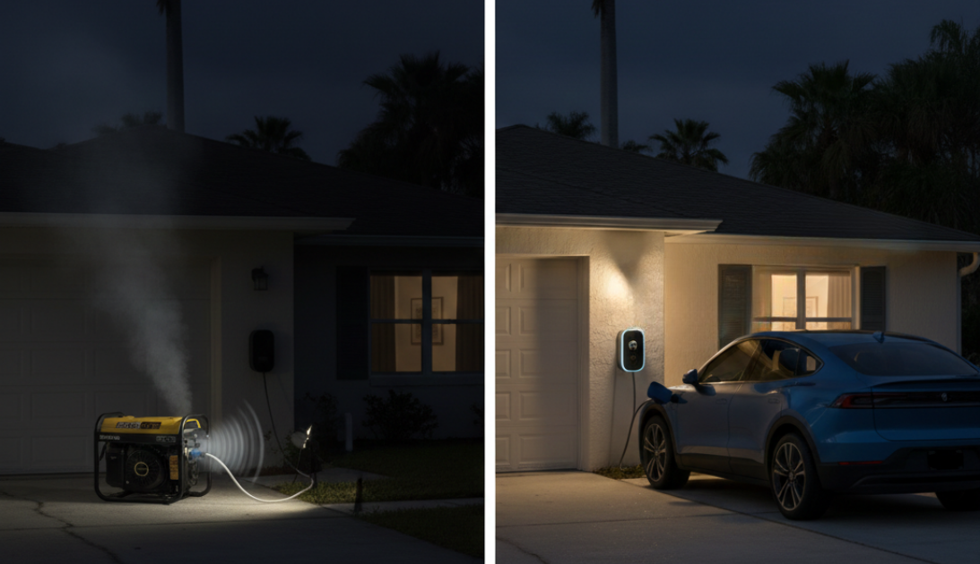 A split-screen image: one side showing a noisy portable generator outside a dark house; the other side showing a sleek EV silently powering a bright Florida home. A split-screen image: one side showing a noisy portable generator outside a dark house; the other side showing a sleek EV silently powering a bright Florida home.