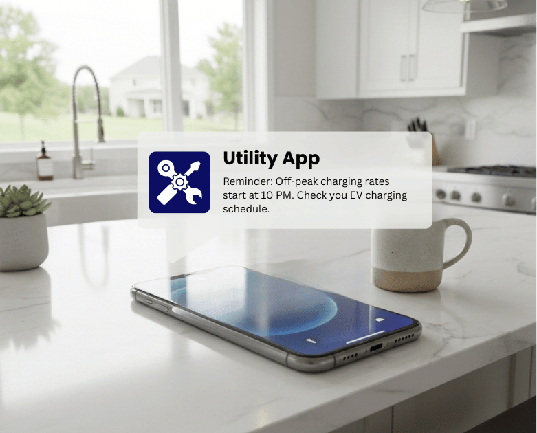 A smartphone screen showing a utility app notification: "Reminder: Off-Peak charging rates start at 10 PM.
