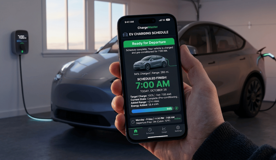 A smartphone app screen showing a charging schedule set to finish at 7:00 AM, with a "Ready for Departure" notification.
