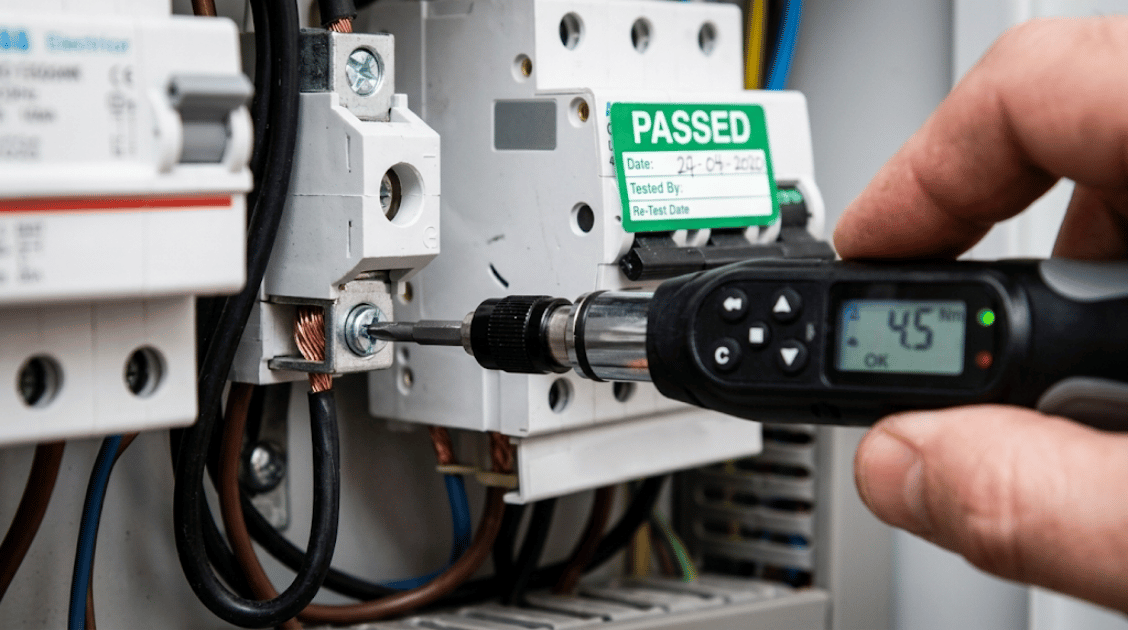 NEC 2026 compliant torque-tested electrical connections for EV charger final inspection.