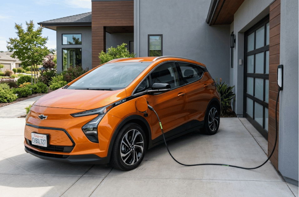 A 2027 Chevrolet Bolt LT plugged into a sleek home Level 2 charger