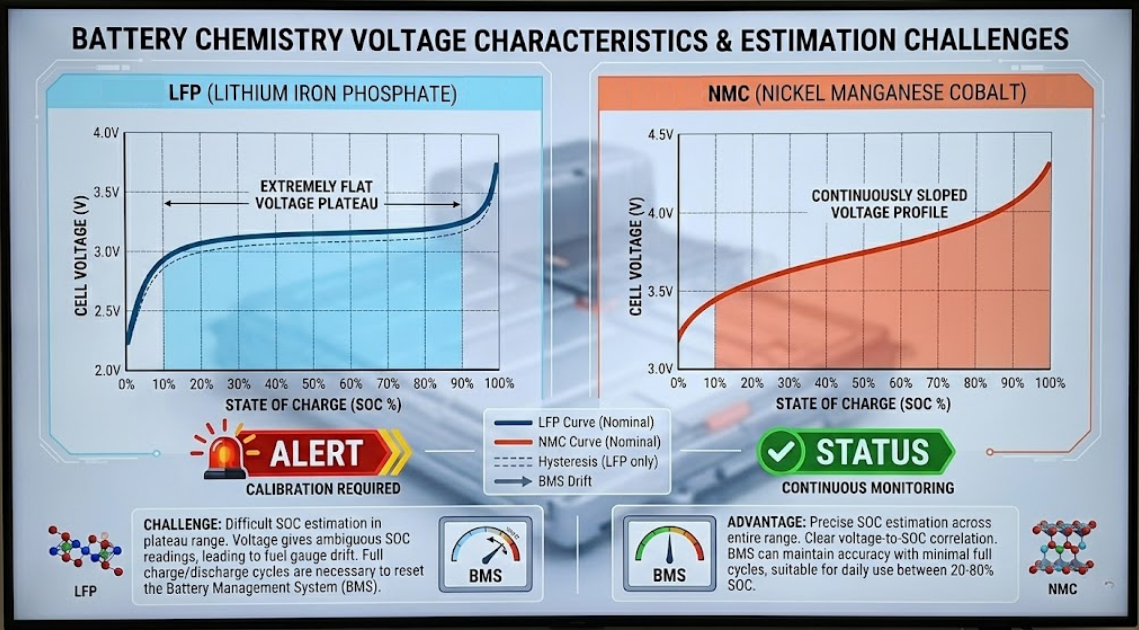 LFP vs NMC battery voltage curve analysis highlighting the technical necessity of weekly 100 percent charging for BMS calibration. LFP vs NMC battery voltage curve analysis highlighting the technical necessity of weekly 100 percent charging for BMS calibration.