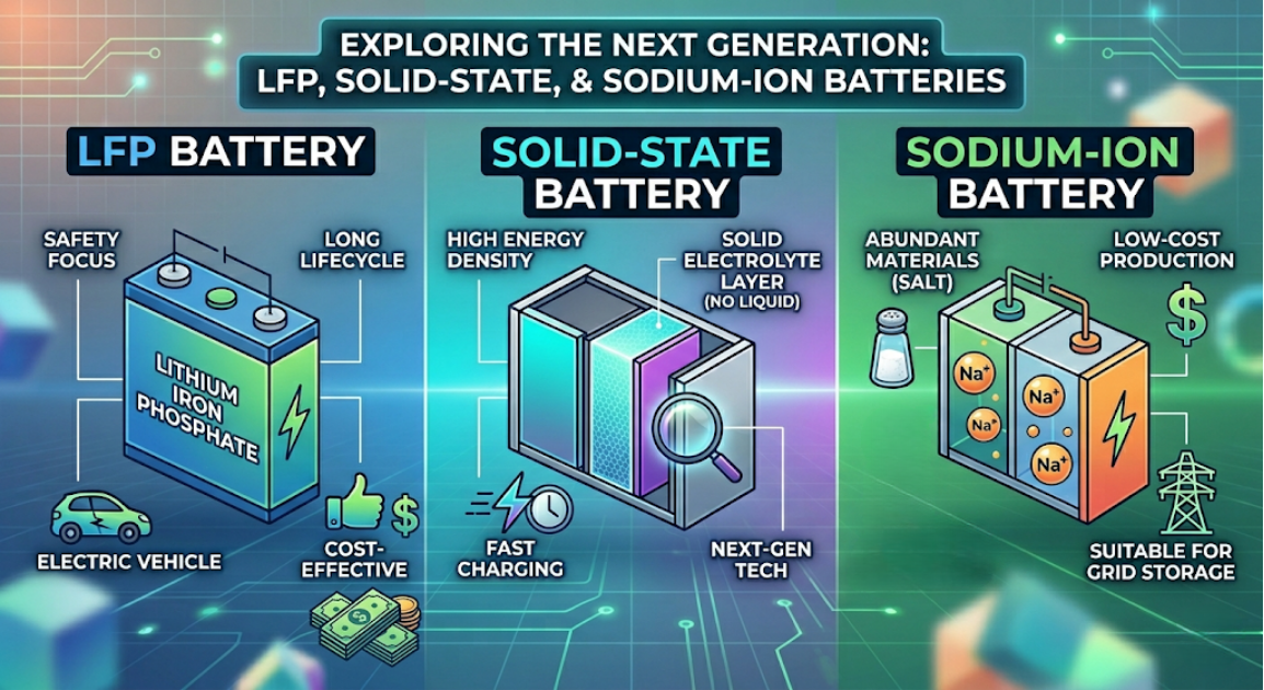 Exploring the next generation, lithium iron phosphate battery, solid-state battery, and sodium-ion battery.