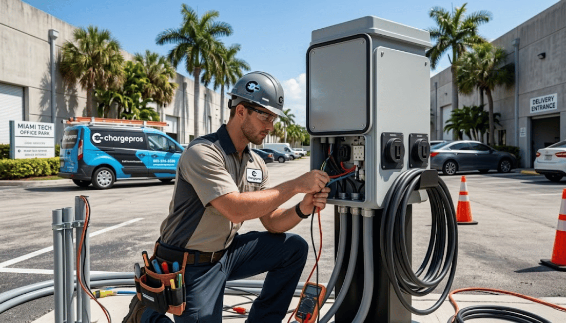 Commercial EV charger installation in Miami for 30C federal tax credit eligibility.