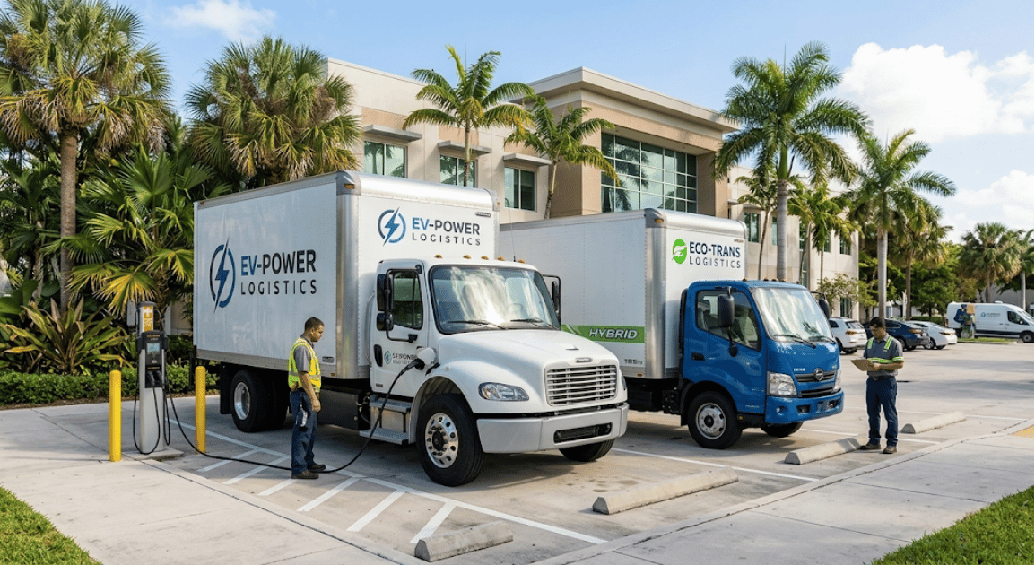 Full EV and hybrid EV commercial fleets parked at a Florida parking space