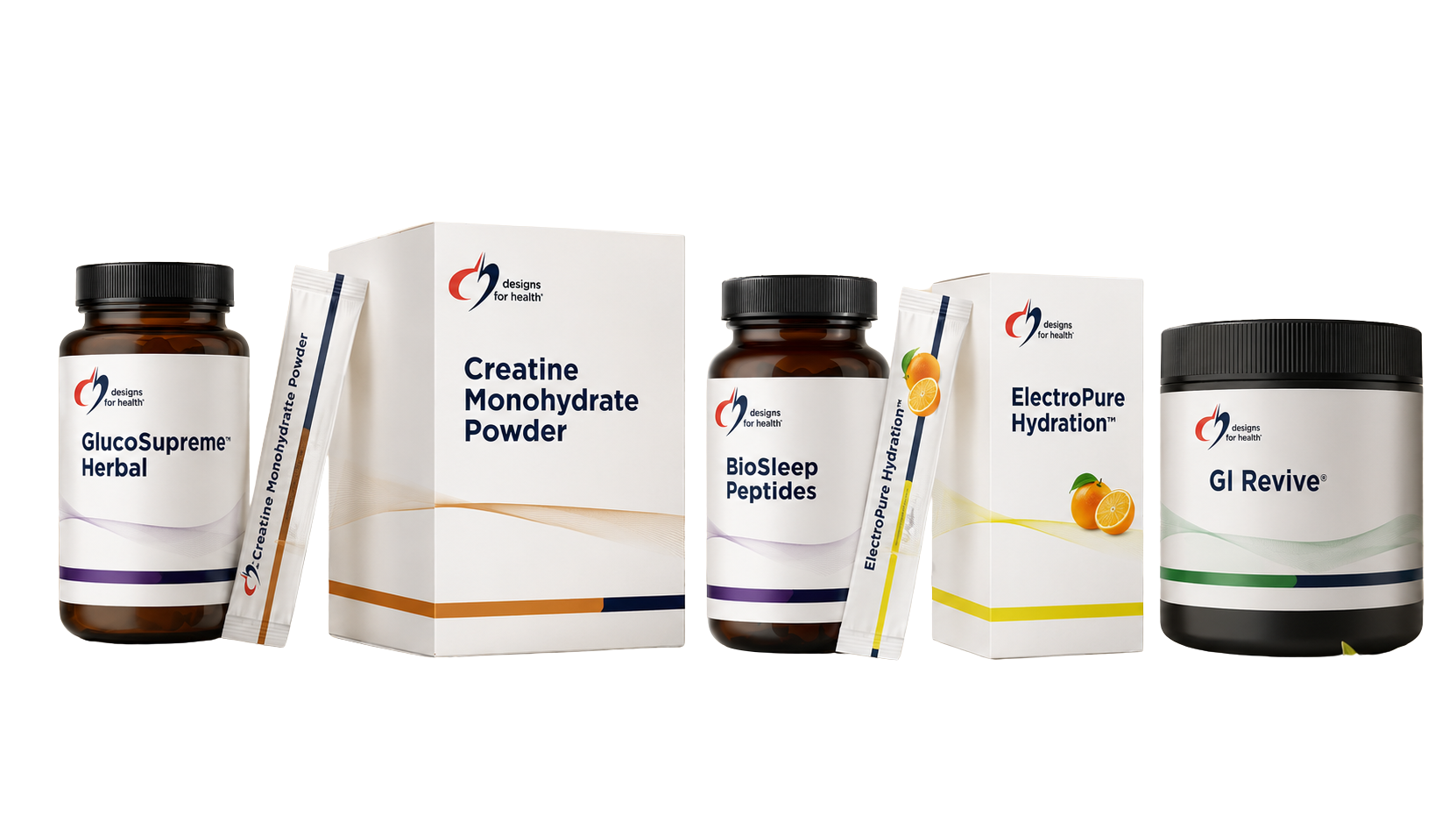 An assortment of professional-grade supplement formats — capsules, powder, stick packs, a functional bar and more