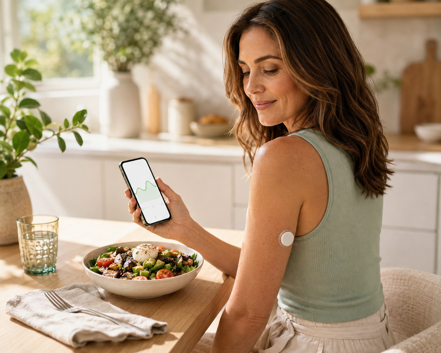 Woman using continuous glucose monitoring to understand how everyday choices affect her glucose