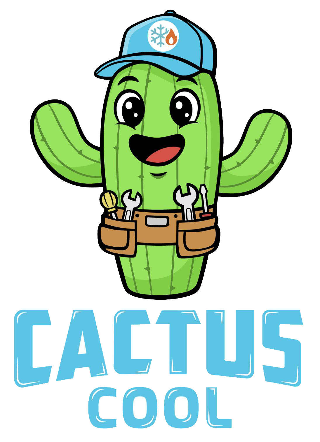 A happy cartoon cactus wearing a blue hat with a snowflake and flame graphic, and a tool belt with wrenches.