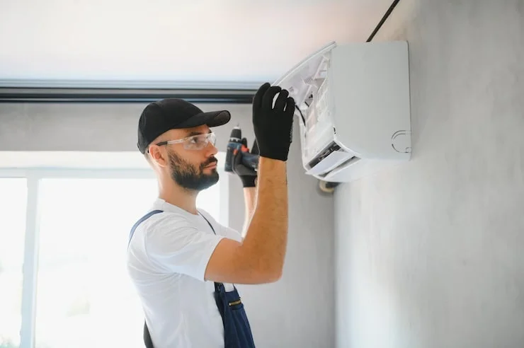 A bearded HVAC technician in safety glasses and work clothes installing an air conditioning unit using a drill.