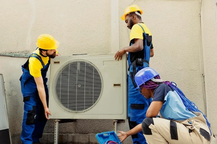 Three diverse technicians, wearing hard hats and uniforms, installing an outdoor HVAC condenser unit against a beige wall.