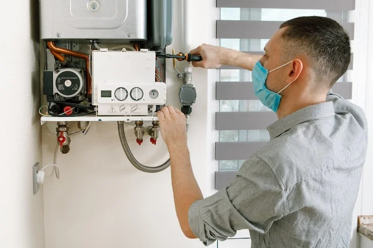 A masked plumber in a gray shirt uses a wrench to service a white wall-mounted boiler next to a window.