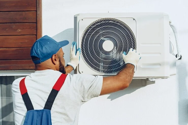 A technician in a blue cap and white gloves adjusts the outdoor unit of an air conditioner on a white wall.