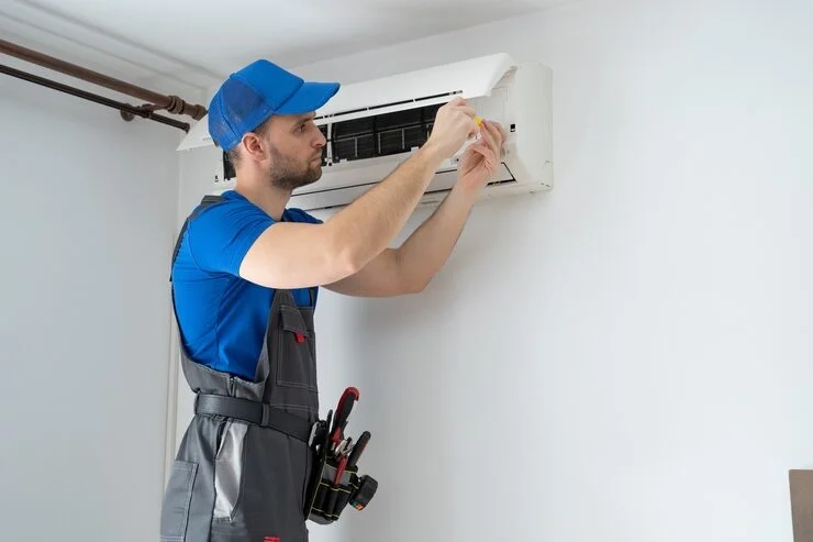 A male HVAC technician in blue uniform and cap repairing an air conditioner unit mounted on a white wall.
