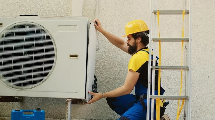 A male technician in a yellow hard hat and blue and yellow uniform repairing an outdoor air conditioner unit.