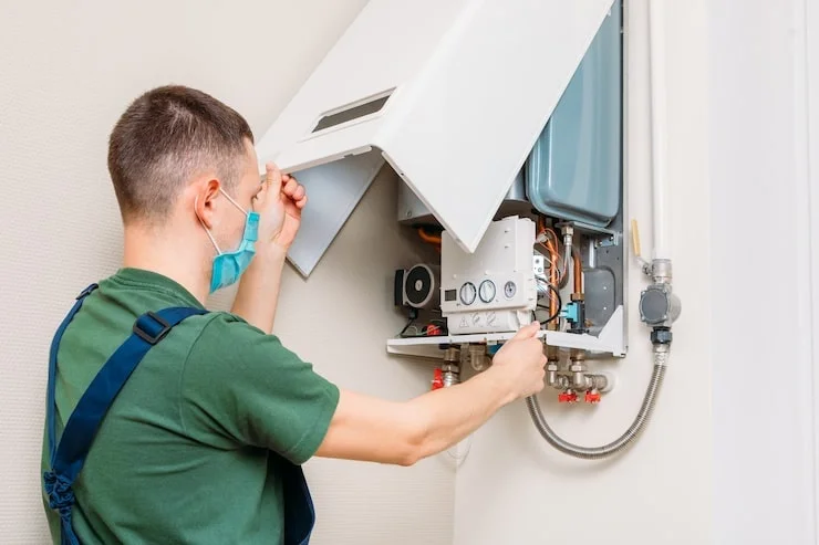 A man wearing a blue surgical mask repairing a white furnace or boiler with a wrench, focused on the task.