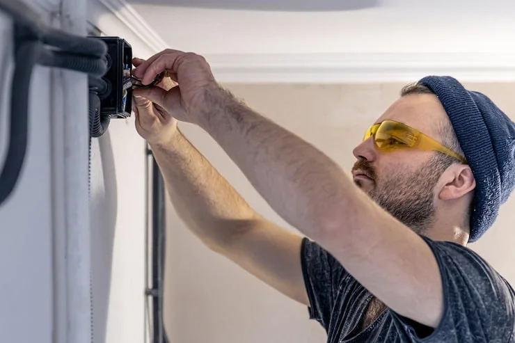 A man in a beanie and yellow safety glasses connects electrical wires to a fuse box on a wall.