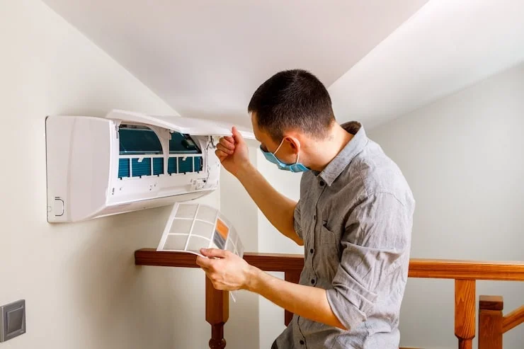 A man in a blue plaid shirt repairs a white wall-mounted air conditioner unit, showing internal wiring.