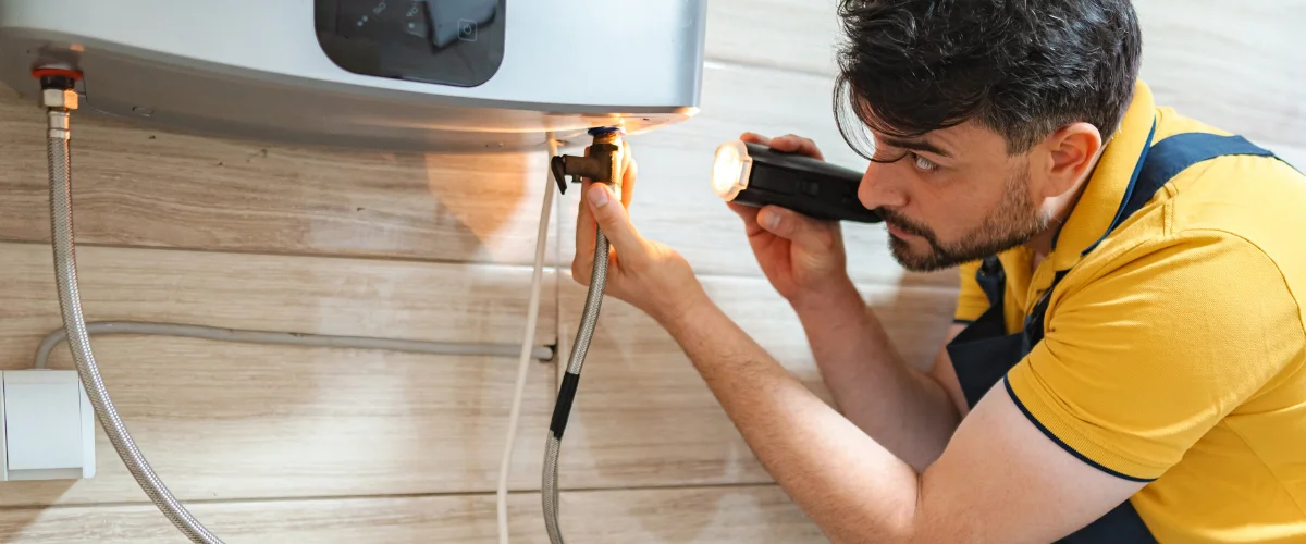 A male plumber uses orange pliers to repair a complex pipework and valve system inside a white wall-mounted box.