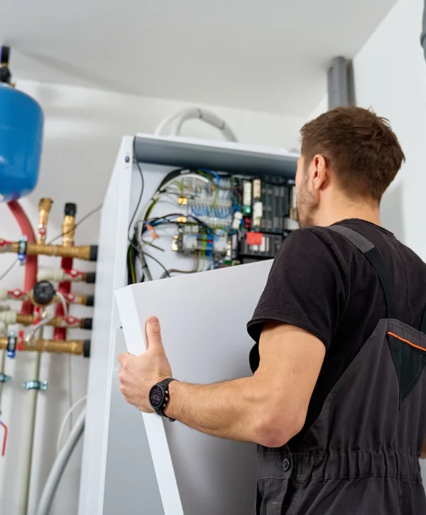 A technician views the internal components of an electrical control panel with exposed wires and circuits.