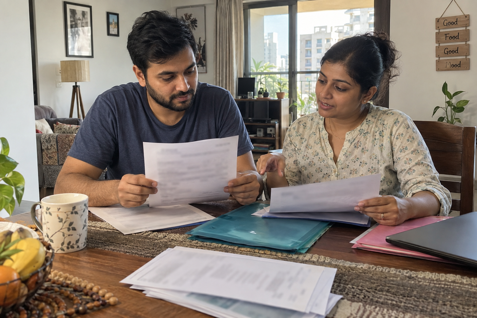Illustrative scene of a couple organising fertility reports together