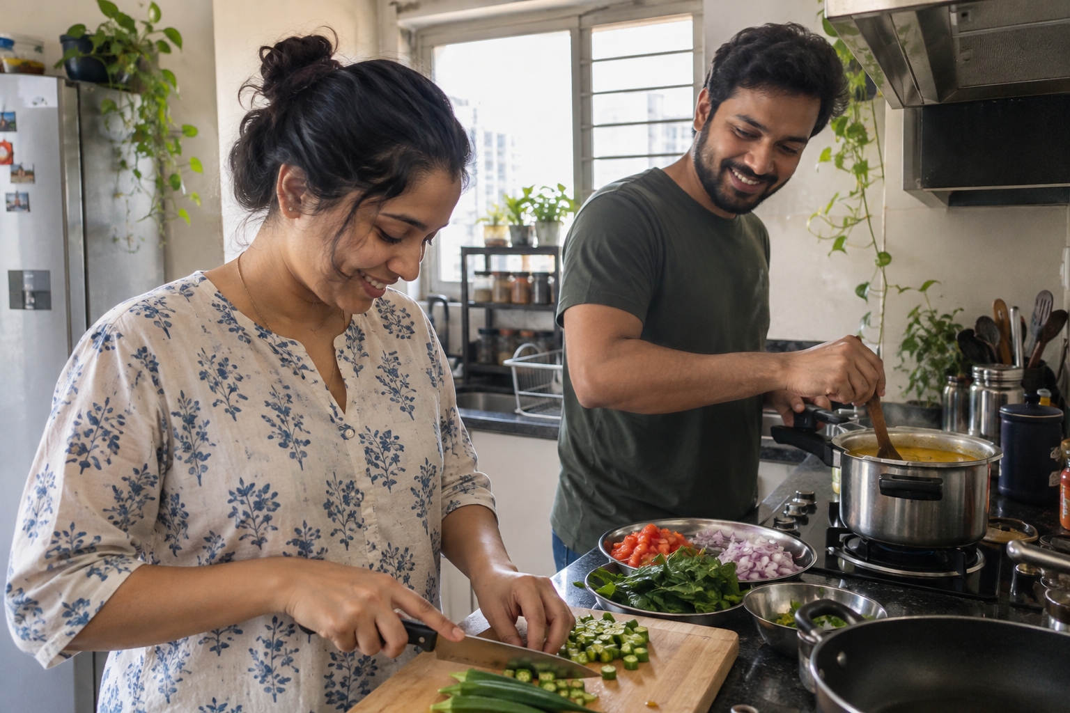 Contextual scene of a couple cooking a balanced everyday meal together