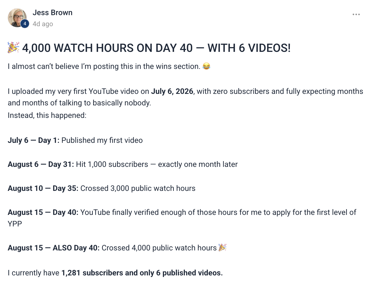 Jess sharing her watch-hours milestone