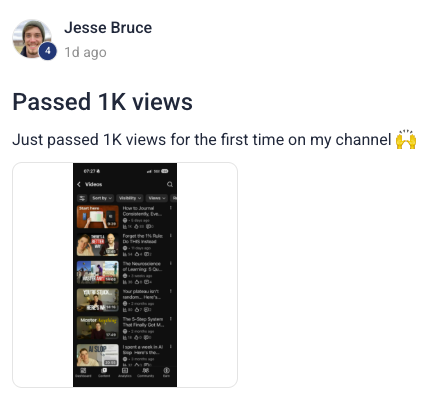 Jesse sharing his first 1,000-view milestone