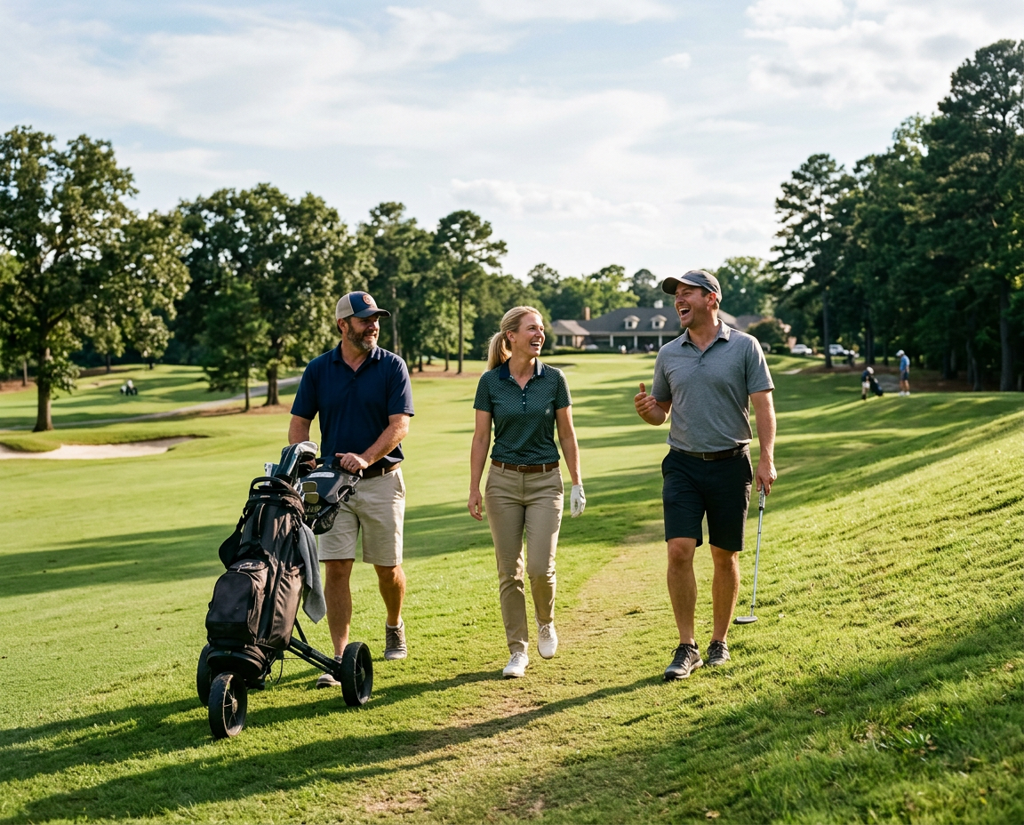 Casual golfers sharing laughs and enjoying an accessible afternoon round on the fairway at Forest Country Club