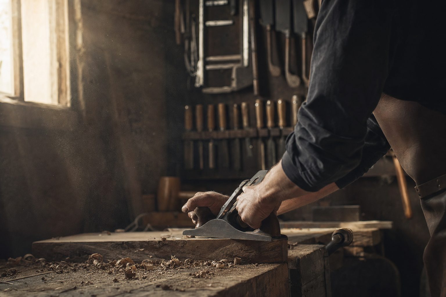 Close-up of hands hand-planing a rough piece of walnut lumber in a sunlit workshop