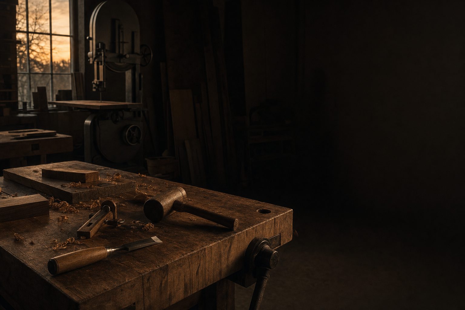 A quiet woodworking shop at dusk with hand tools resting on a rough-sawn workbench