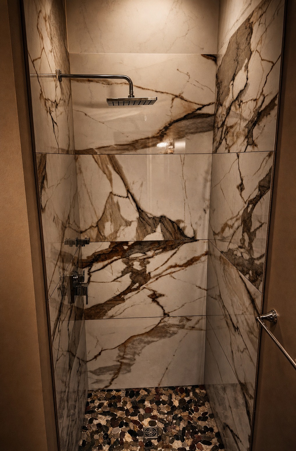 Book-matched natural stone shower with river-stone floor and rainfall shower system