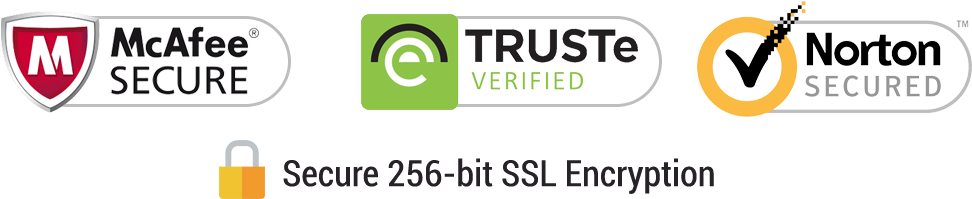 McAfee · TRUSTe · Norton · SSL 256-bit