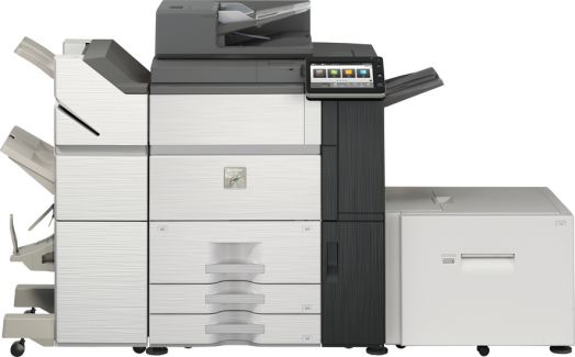 Sharp A3 multifunction printer with paper trays and finisher, product photograph on a white background