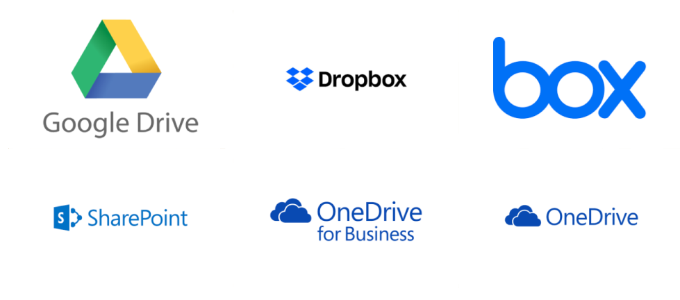 Logos of Google Drive, Dropbox, Box, SharePoint and OneDrive for Business, the cloud destinations print and scan jobs route to