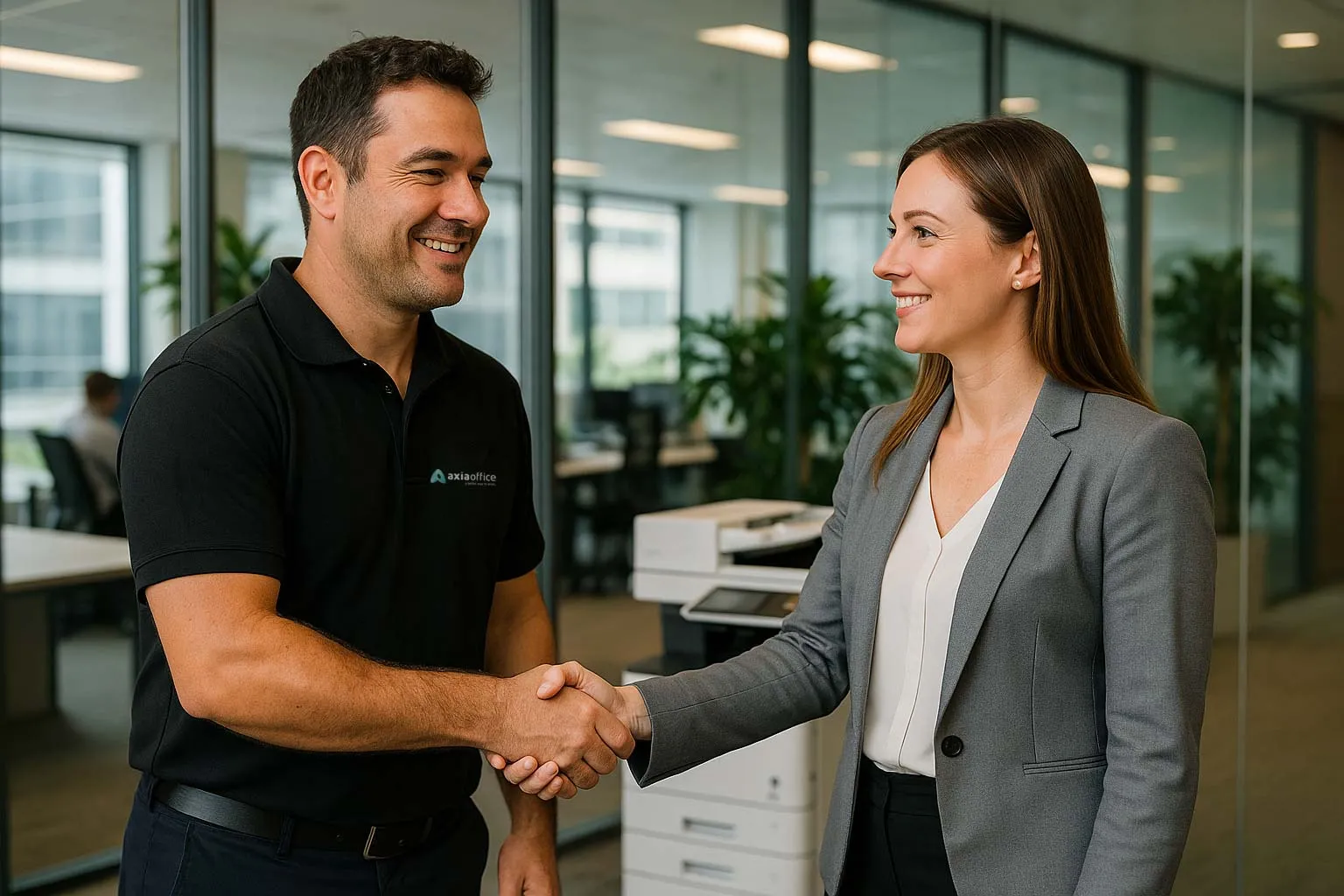 Two people shaking hands in a Sydney office beside a multifunction printer
