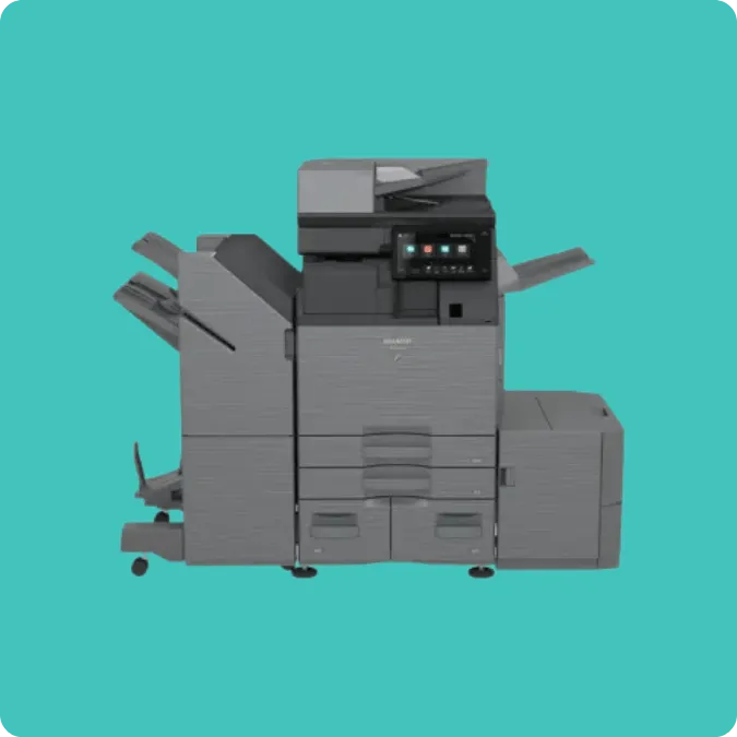 Sharp multifunction printer with finisher, product photograph on an Axia teal background