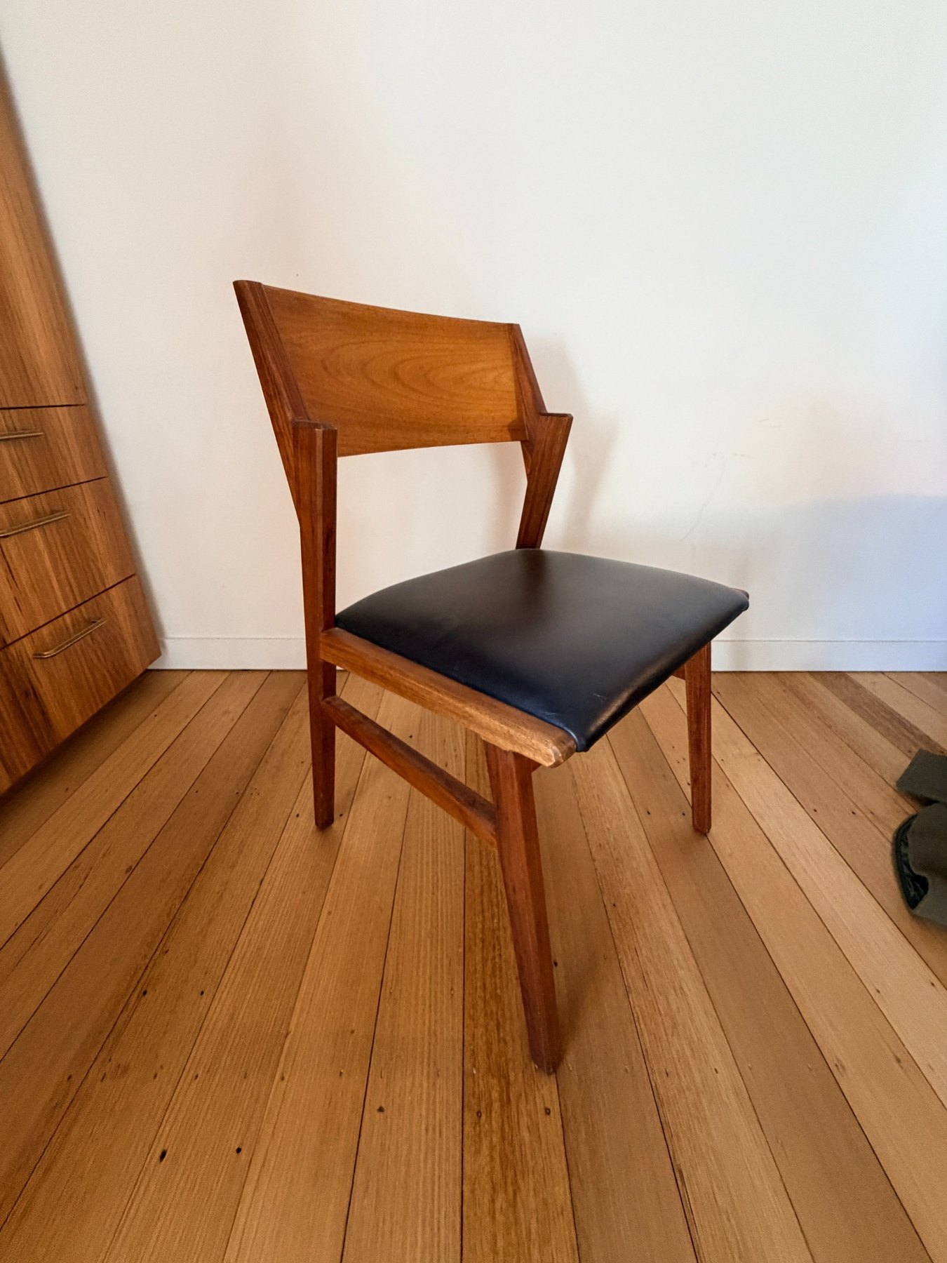 Original timber dining chair with black upholstered seat