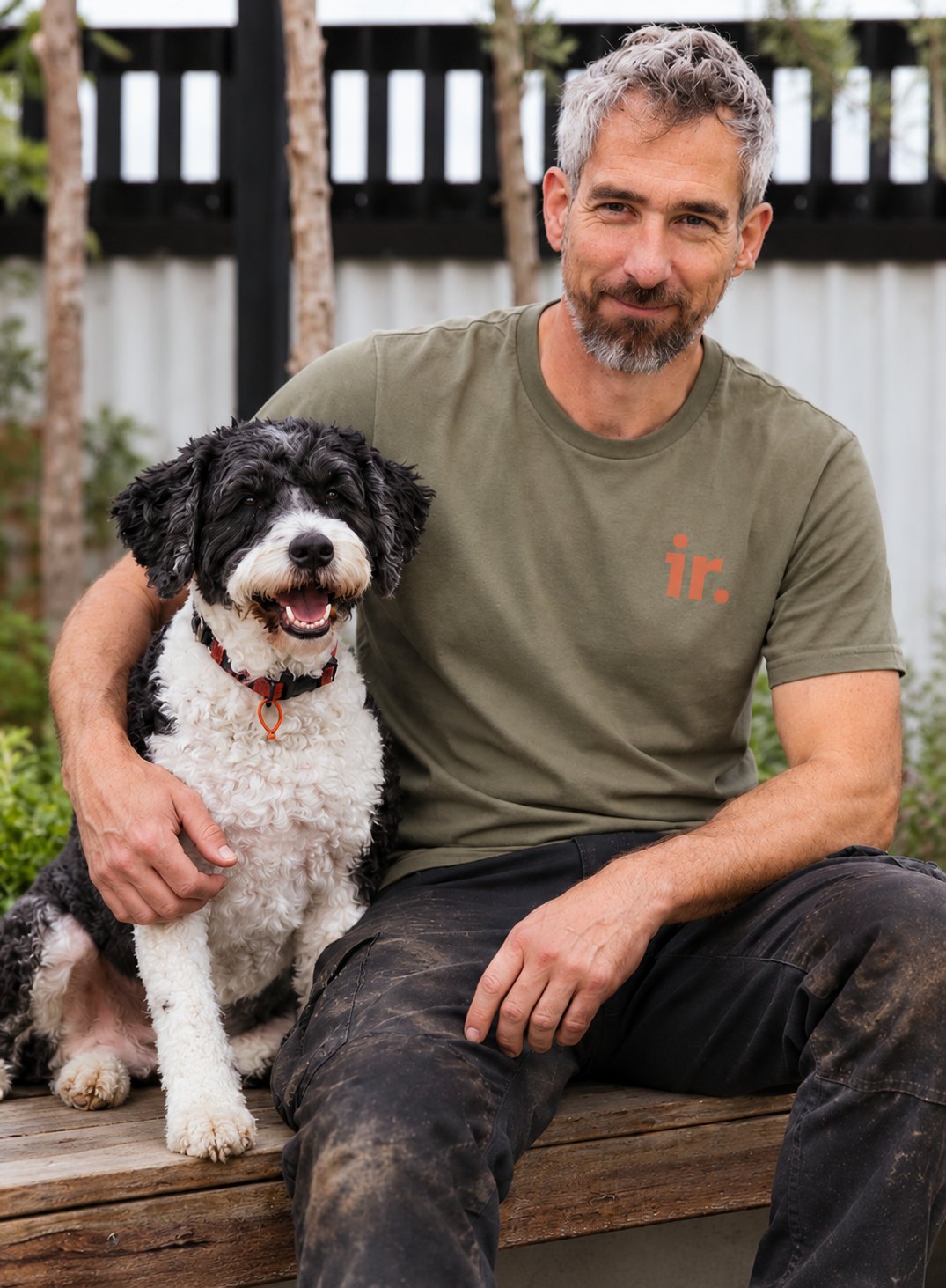 Ian with Gilbert in ireidesign workwear