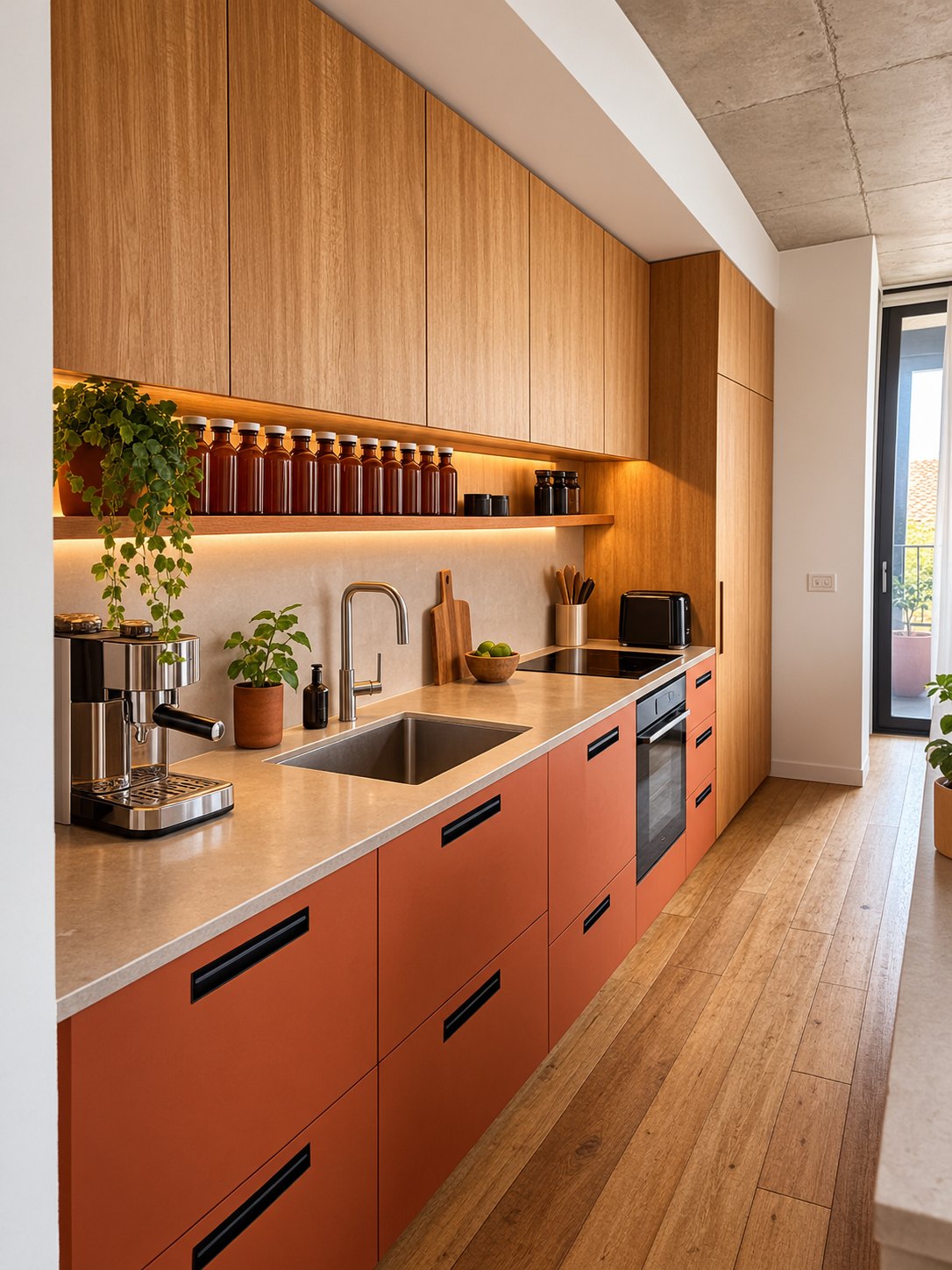 Kitchen cabinetry refresh with timber and terracotta cabinetry
