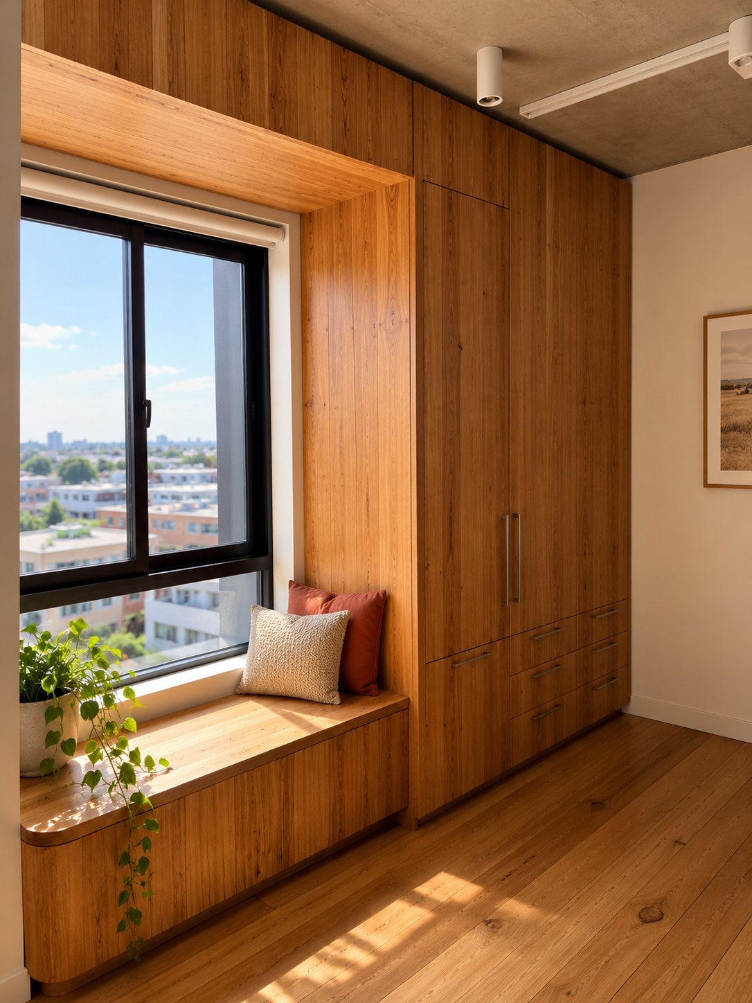 Bespoke timber cabinetry with integrated window seat, designed and made by Ian