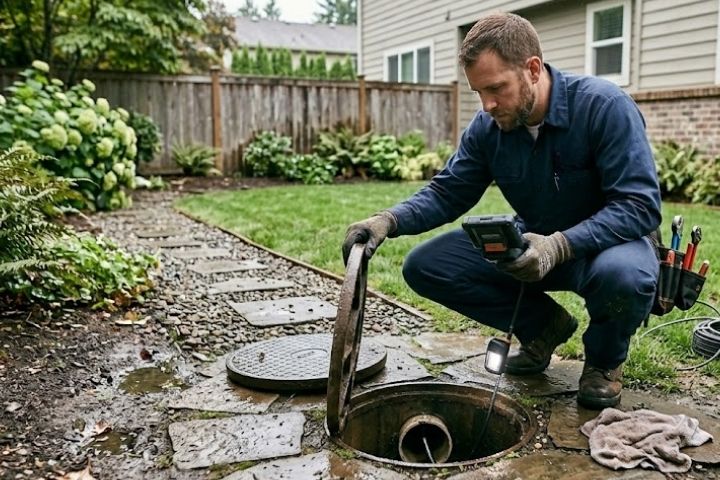 A plumber inspecting a drain to diagnose plumbing problems.