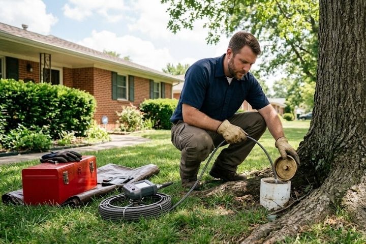 A plumber using a drain cleaning auger near a tree to fix sewer line problems.