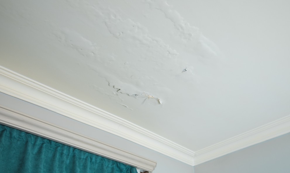 Cracked and bulging ceiling from a serious water leak sign Cracked and bulging ceiling from a serious water leak sign
