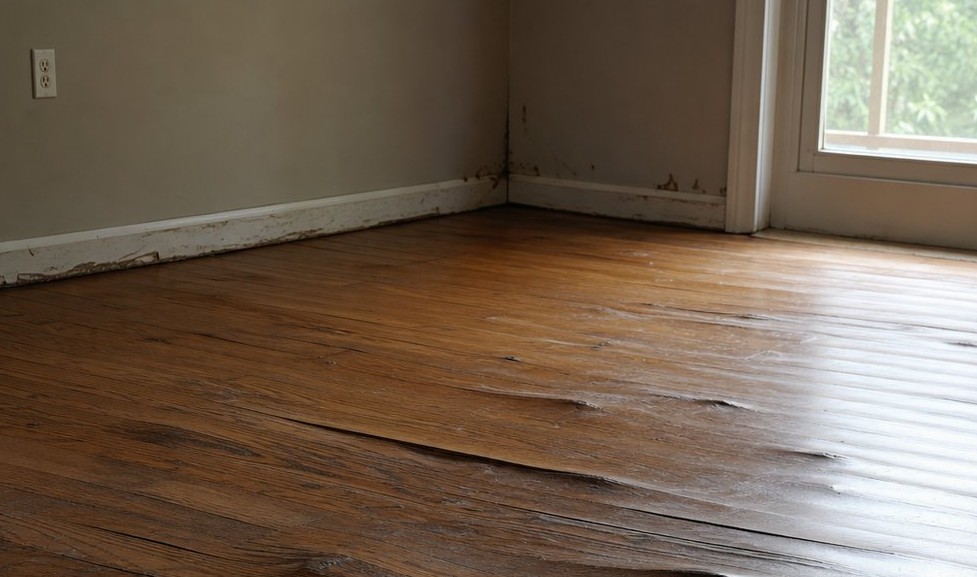 Buckling hardwood floor from a serious water leak sign Buckling hardwood floor from a serious water leak sign