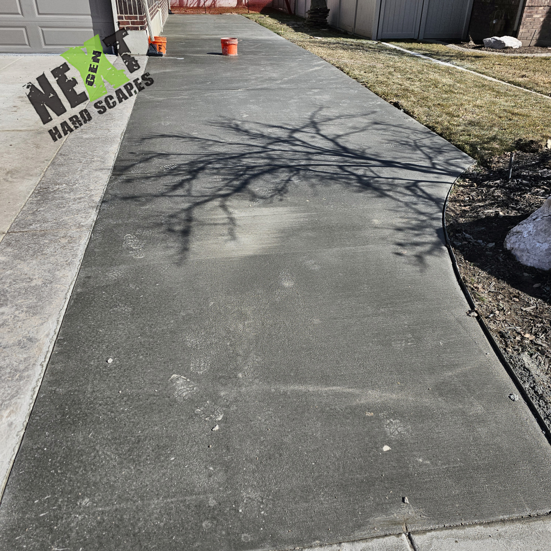 Close-up of the completed RV pad surface reveals a consistent texture free of imperfections and tight alignment to existing structures.