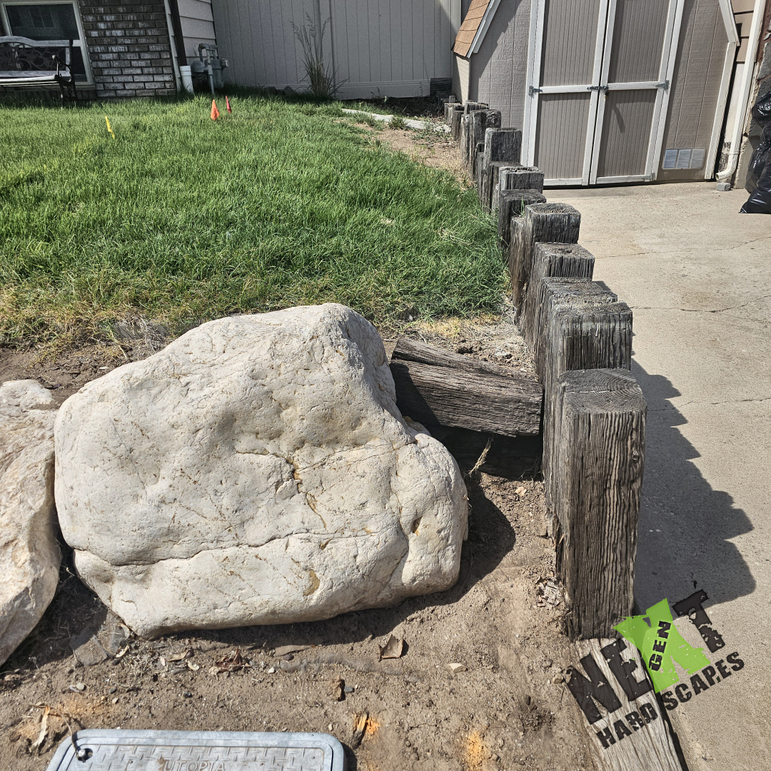 The aged vertical railroad ties mark the old boundary, stacked neatly beside the lawn and driveway prior to removal.