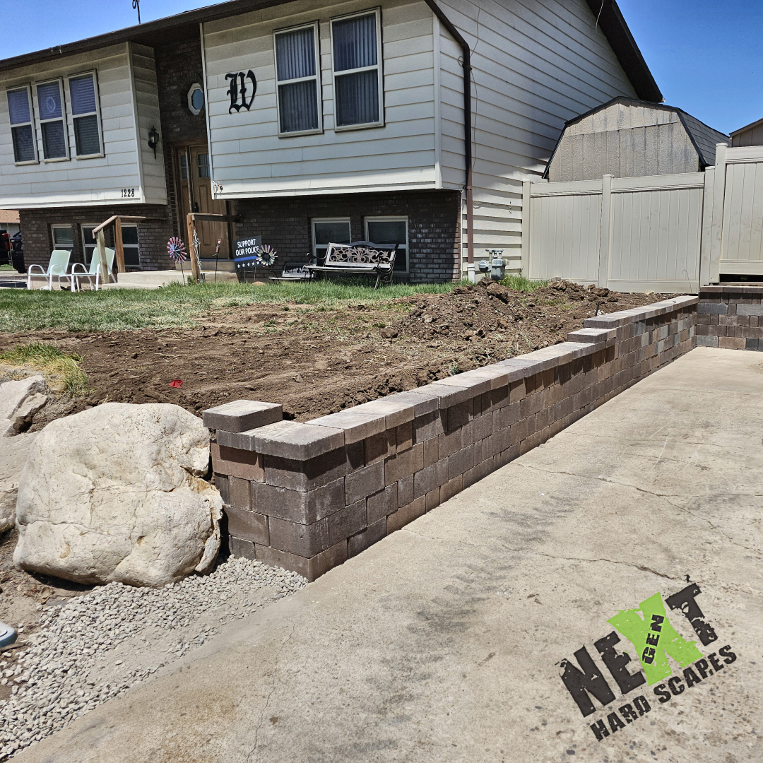 The shed is temporarily removed allowing the wall and brick to be tied in across the back of the driveway. 