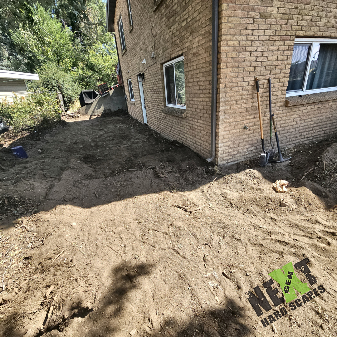 Site cleared and all roots trimmed back, the ground is leveled and prepped for the driveway and porch installation.